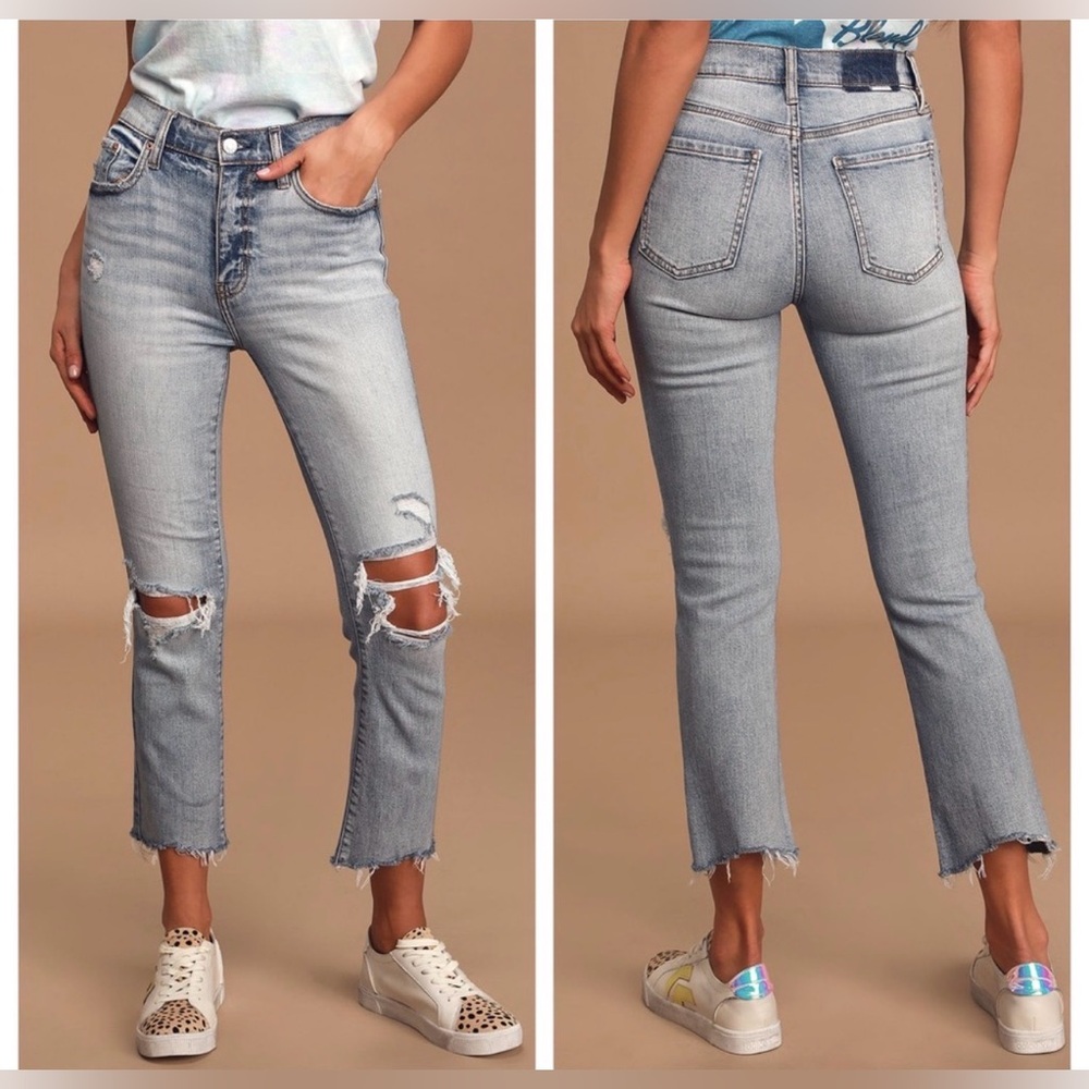 Lulu's Daze Denim Shy Girl Just Right Distressed High Waist Crop Flare Jeans Raw